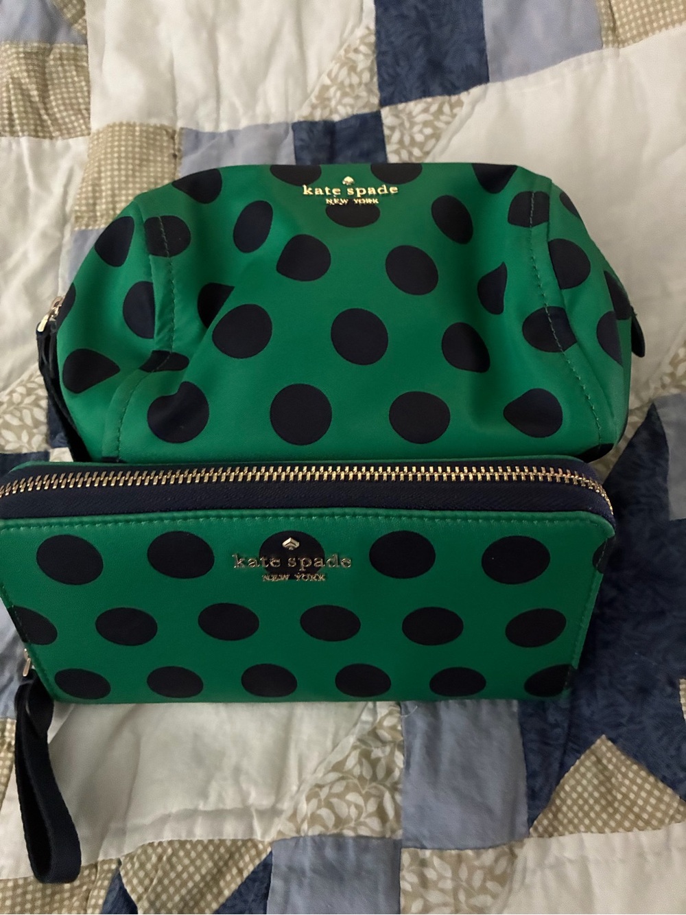 kate spade Green and Black Polka Dot Cosmetic Pouch & Zip Wristlet Set